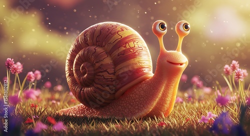 Cheerful Cartoon Snail in a Sunny Flower Field A Whimsical Springtime Adventure