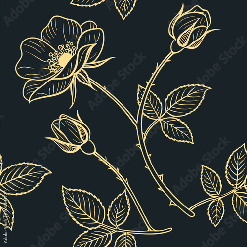 Minimalist gold line art wild rose floral pattern design for elegant backgrounds