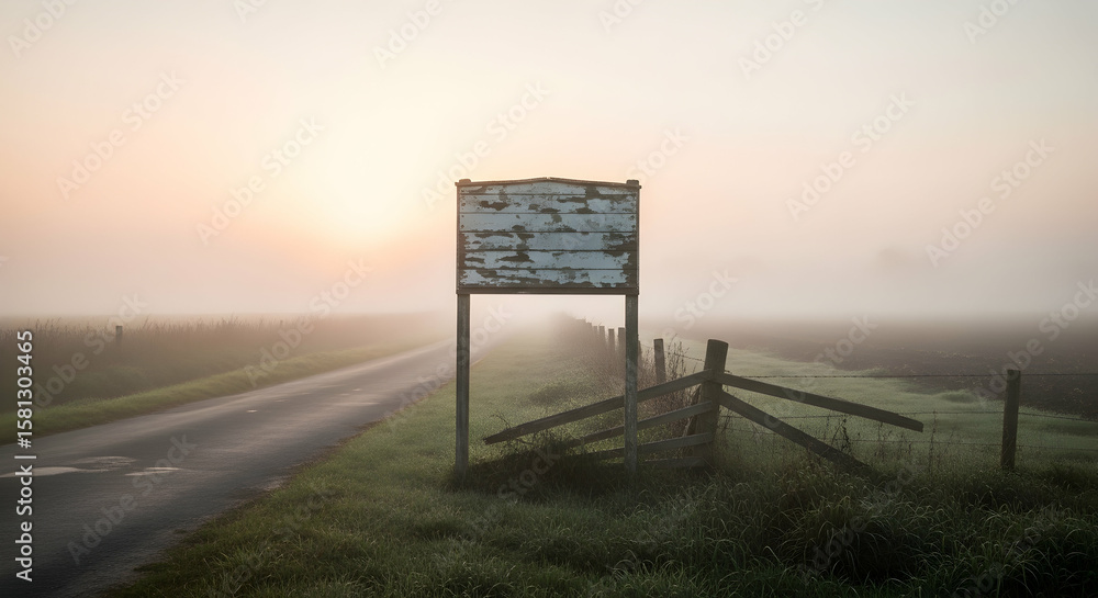Fototapeta premium Misty Morning Road: An Atmospheric Landscape with a Rustic Signboard near rural road