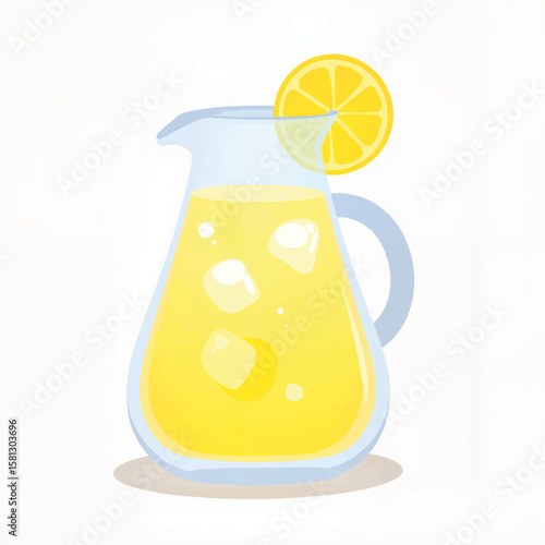 Yellow lemonade pitcher with ice cubes and lemon slice  