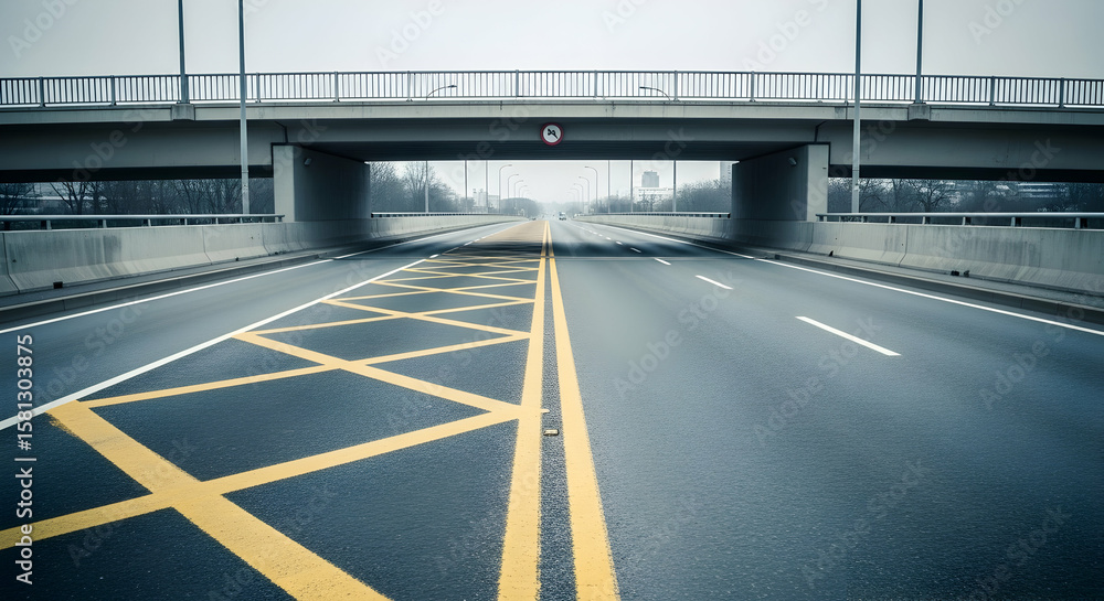 Obraz premium Highway Perspective Under Bridge With Cross Hatch Markings And Atmospheric Haze