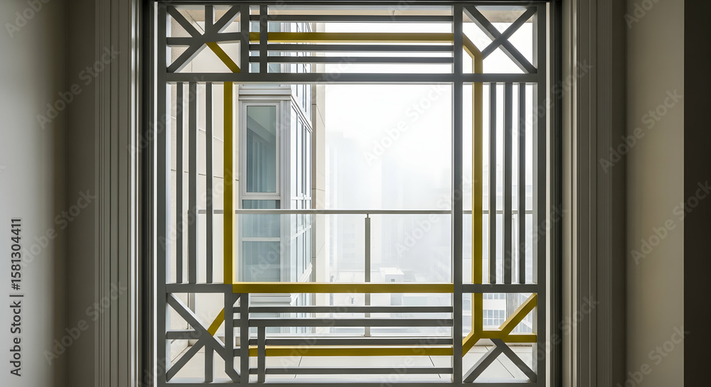 Obraz premium Modern Apartment Window with Geometric Design and City View Providing Natural Light