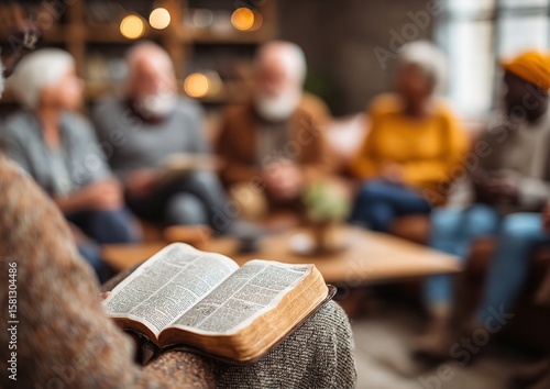 Diverse Group Sharing Bible Study in Cozy Living Room, Pages Turning as Faithful Conversation Unfolds