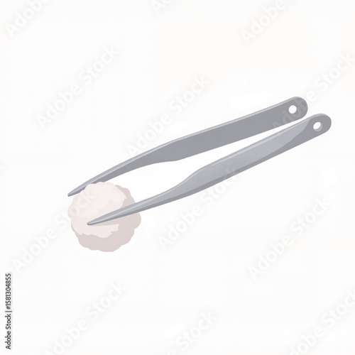 Tweezers holding a cotton ball on a white background  