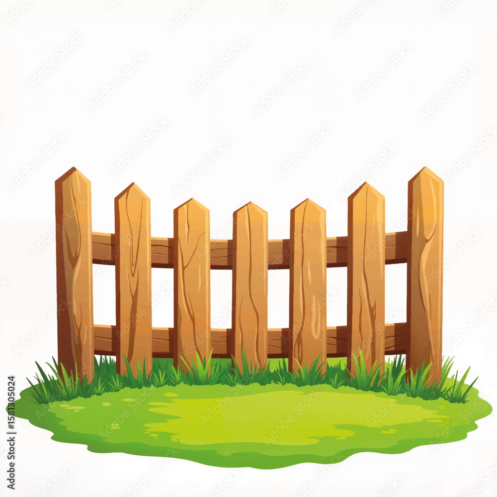 Obraz premium Wooden fence illustration on green grass with white background 
