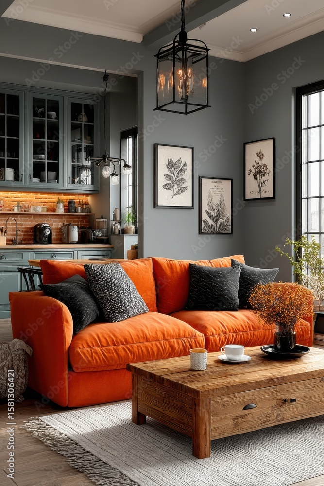 Fototapeta premium Cozy modern living room with orange sofa and stylish kitchen decor
