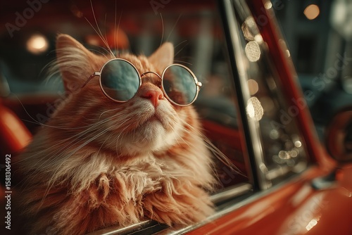 Cool Orange Cat Wearing Sunglasses Sitting in Passenger Seat of Red Car