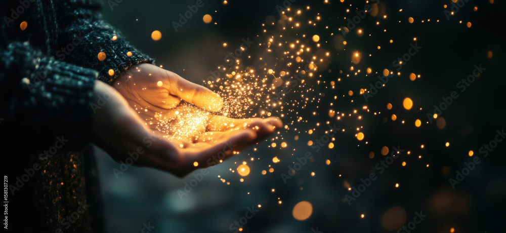 custom made wallpaper toronto digitalhands releasing magical golden sparkles in a dark environment.