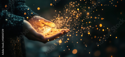 hands releasing magical golden sparkles in a dark environment.