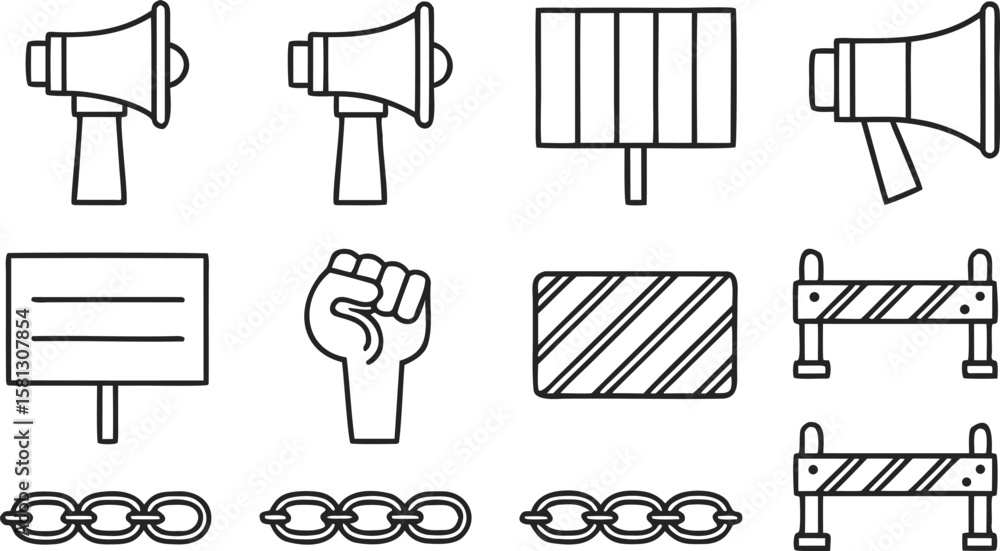Fototapeta premium Collection of Black and White Line Art Icons Depicting Protest Symbols including Megaphones Signs Fists and Barriers