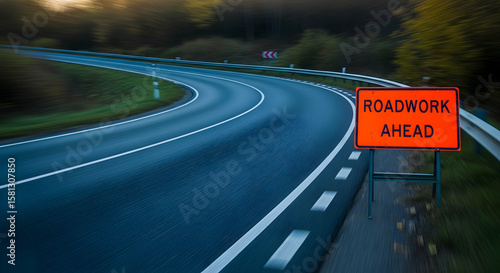Navigating Roadwork: A Winding Road Ahead with an Orange Warning Signage for Safety
