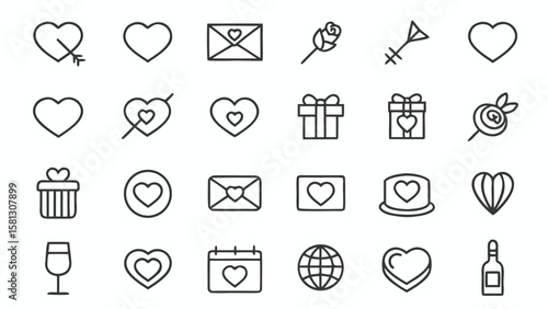 Collection of Twenty Four Black Outline Valentine Icons Hearts Roses Gifts Arrows Envelopes Wine Glass Calendar Globe Romantic Love Symbols