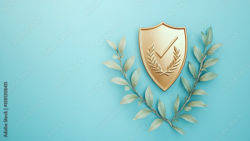 Obraz premium Gold shield with checkmark, laurel wreath, light teal background