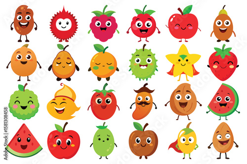 Collection of cute and happy cartoon fruits and vegetables characters