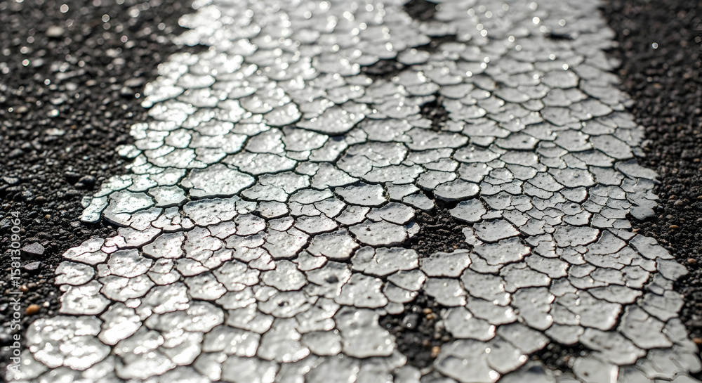 Naklejka premium Macro Close-Up of Cracked White Road Paint Line on Black Asphalt Pavement Texture