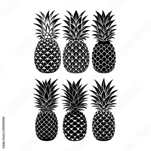 Six stylized black silhouette pineapples arranged in two rows on a white background
