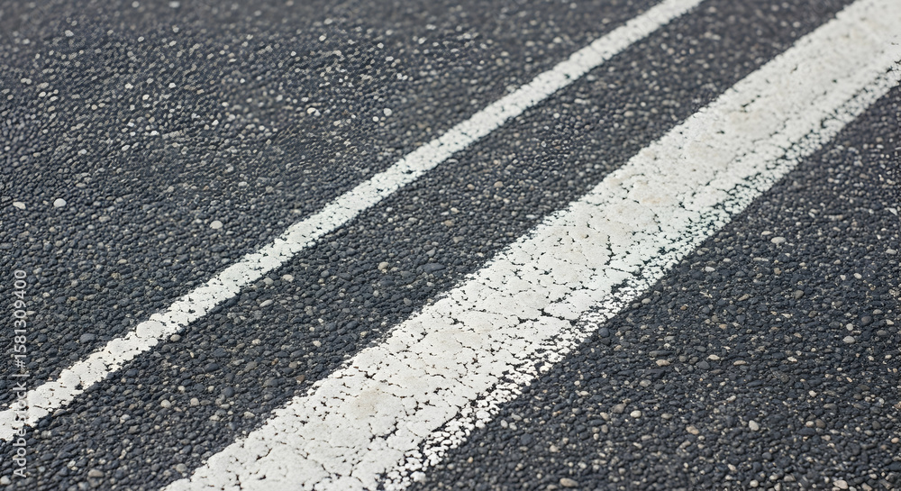 Fototapeta premium Macro shot showcases asphalt road surface with cracked white road marking lines