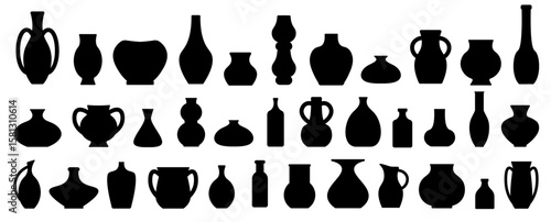 Set of icons of vases, clay amphorae. Black silhouette of vessels of different shapes. Vector illustration.