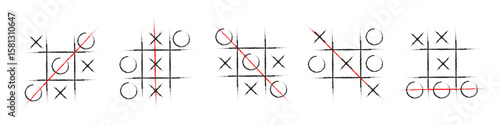 Set of hand drawn tic-tac-toe game. Different winning combinations and moves are marked in red.
Vector illustration.