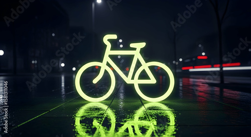 Neon bicycle sign on a wet city sidewalk at night illuminating transportation safety