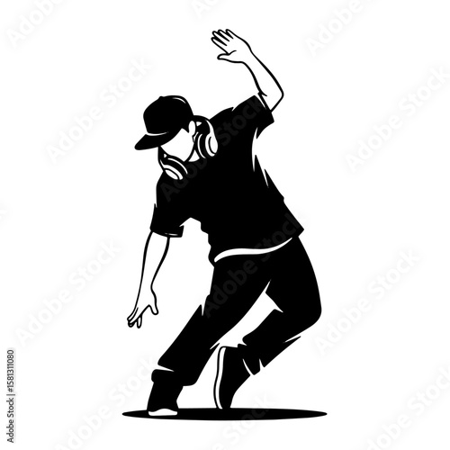 A street dancer mid-move with a snapback hat and headphones