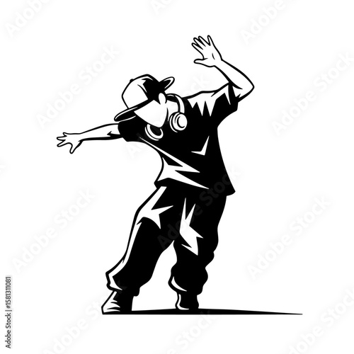 A young street dancer mid-move with a snapback hat and headphones