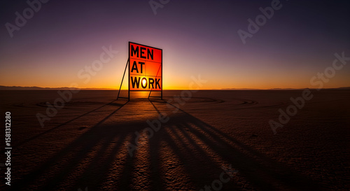 Illuminated Men at Work Sign on Bonneville Salt Flats at Sunset with Long Shadow