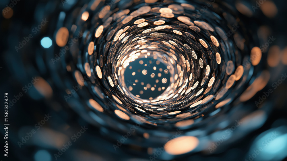 custom made wallpaper toronto digitalAbstract view of coins in a cylindrical tunnel with glowing lights and bokeh effect.