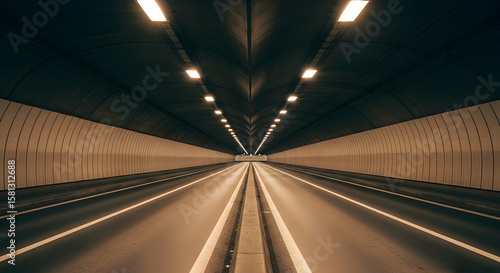 Illuminated Passage Inside Modern Tunnel With Symmetric Perspective