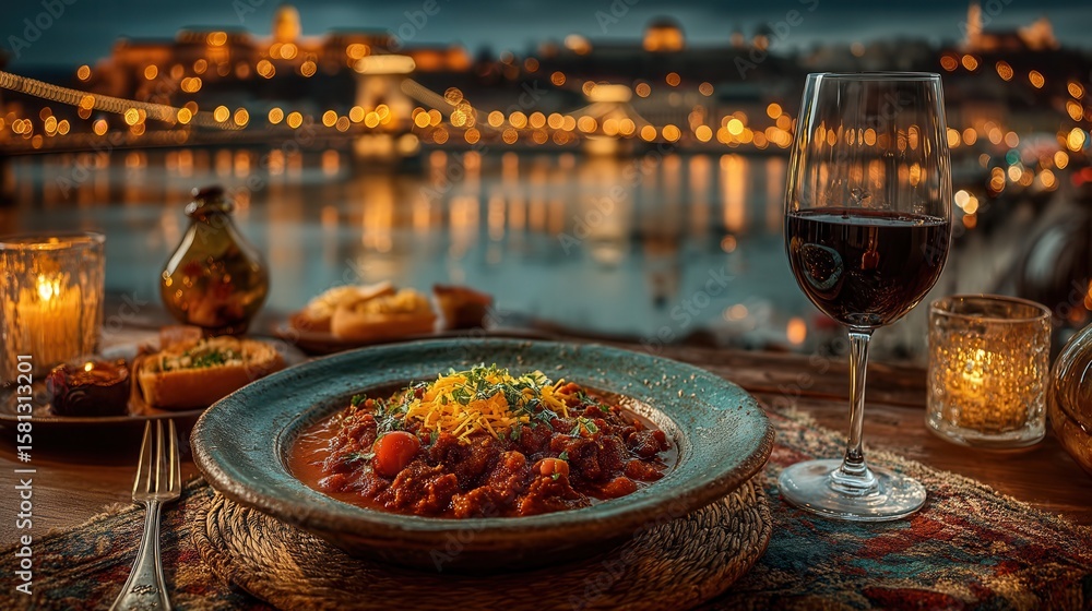 Fototapeta premium Enjoying goulash and red wine with a stunning view of Chain Bridge at night in Budapest