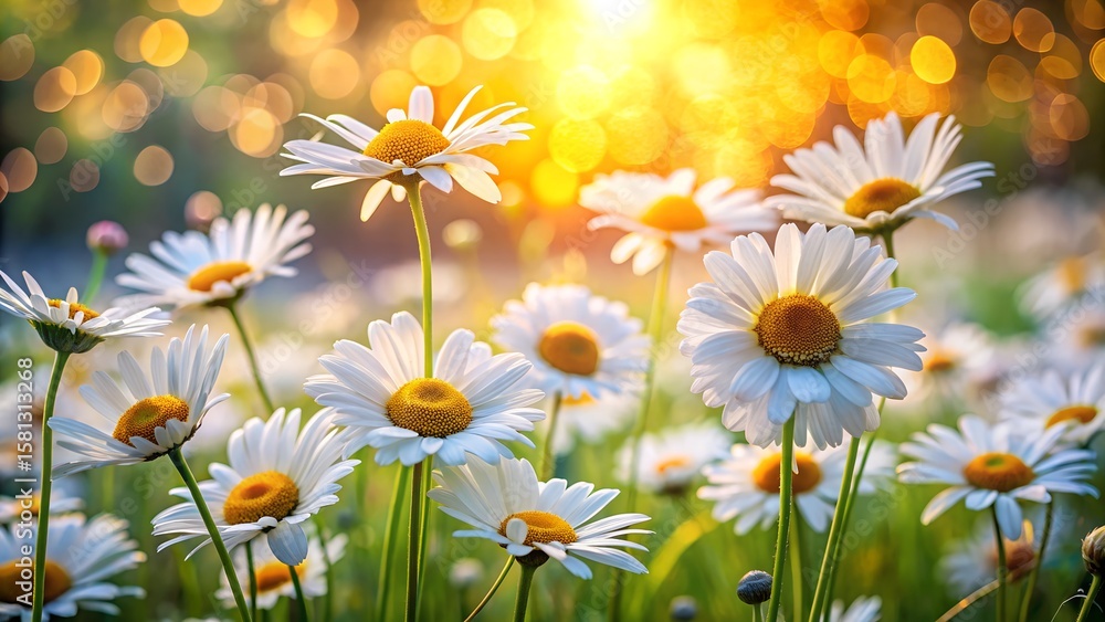 Fototapeta premium Field of Daisies with Bokeh Lights at Sunset or Sunrise