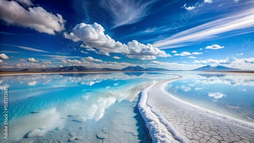 Salar de Uyuni Salt Flats Reflection with Blue Sky and Clouds