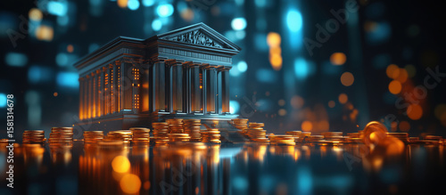 Financial institution model surrounded by glowing coins in a futuristic cityscape.