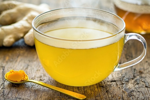Warm Cup of Turmeric and Ginger Herbal Tea on Wooden Table