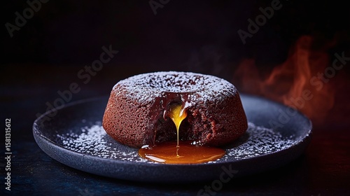 Warm Molten Chocolate Dessert with Caramel Drizzle on Dark Plate