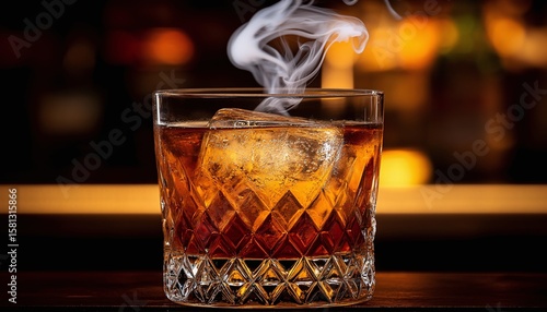 Whiskey Cocktail in Cut Glass with Steam on Dark Bar