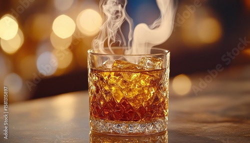 Whiskey Cocktail with Ice in Rocks Glass at Bar