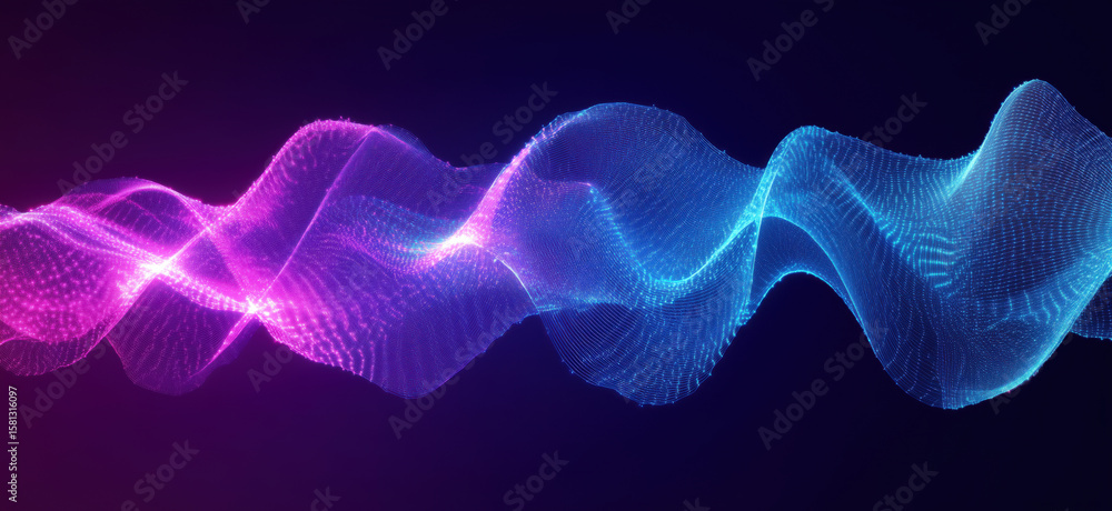 Fototapeta premium Colorful abstract wave pattern with glowing particles in blue and pink tones.