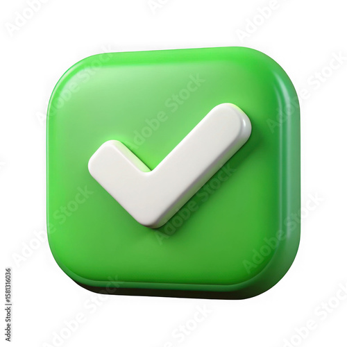 Glossy green square with white check mark isolated on transparent background