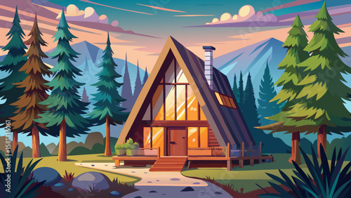 Cozy A frame cabin nestled in forest showcasing wooden exterior and large windows. Very beautiful
