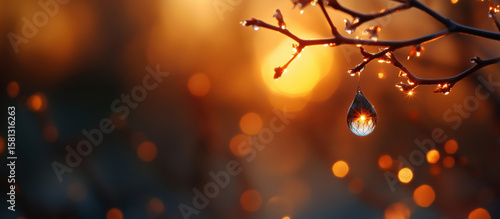 Beautiful water droplet on branch reflecting sunlight and bokeh background.