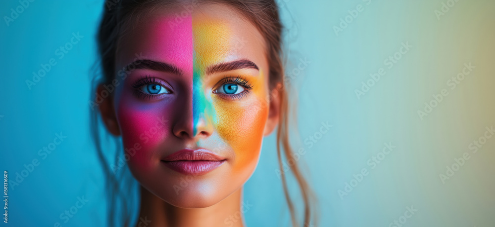 Obraz premium Vibrant face painting with colorful split design showcasing artistic expression.