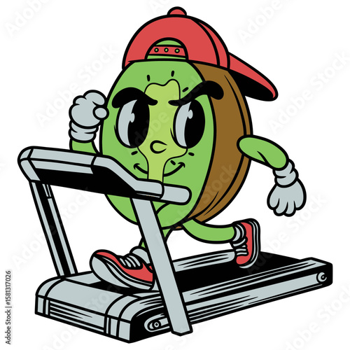 Kiwi Fruit's Fitness Run: An anthropomorphic kiwi fruit, donning a backward baseball cap, embarks on a vigorous treadmill session, embodying health and wellness in a dynamic illustration.