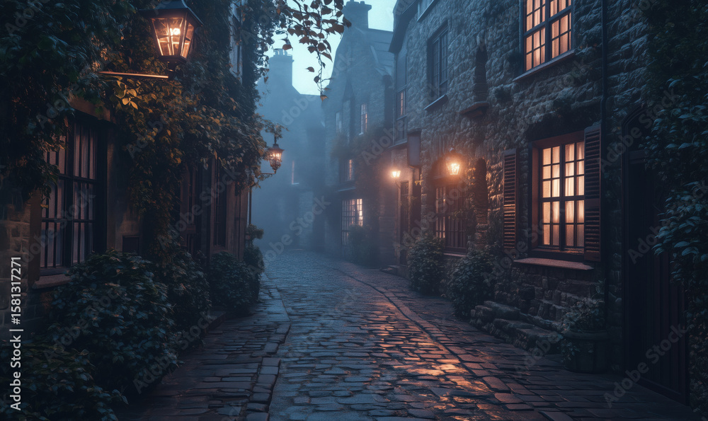 Fototapeta premium Mysterious cobblestone alleyway illuminated by vintage street lamps in foggy evening.