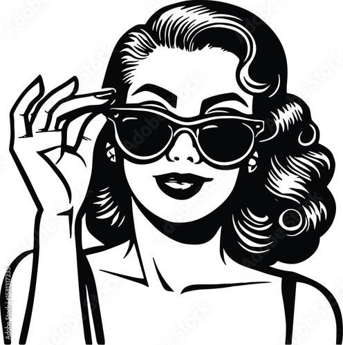 Woman with classic hairstyle confidently adjusting her sunglasses vector black silhouette print design