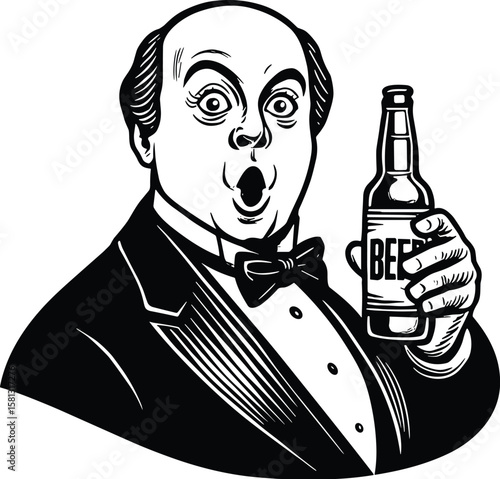Funny bald man in formalwear holding a beer bottle vector black silhouette print design