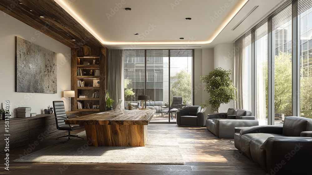 Fototapeta premium A modern office with wooden desk, bookshelves, and large windows overlooking greenery outside office