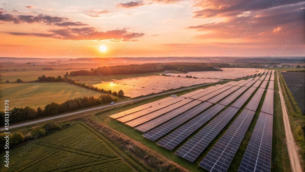 Fototapeta premium Solar Panels at Sunrise Sustainable Energy Field with Warm Lens Flare, Powering a Greener Future