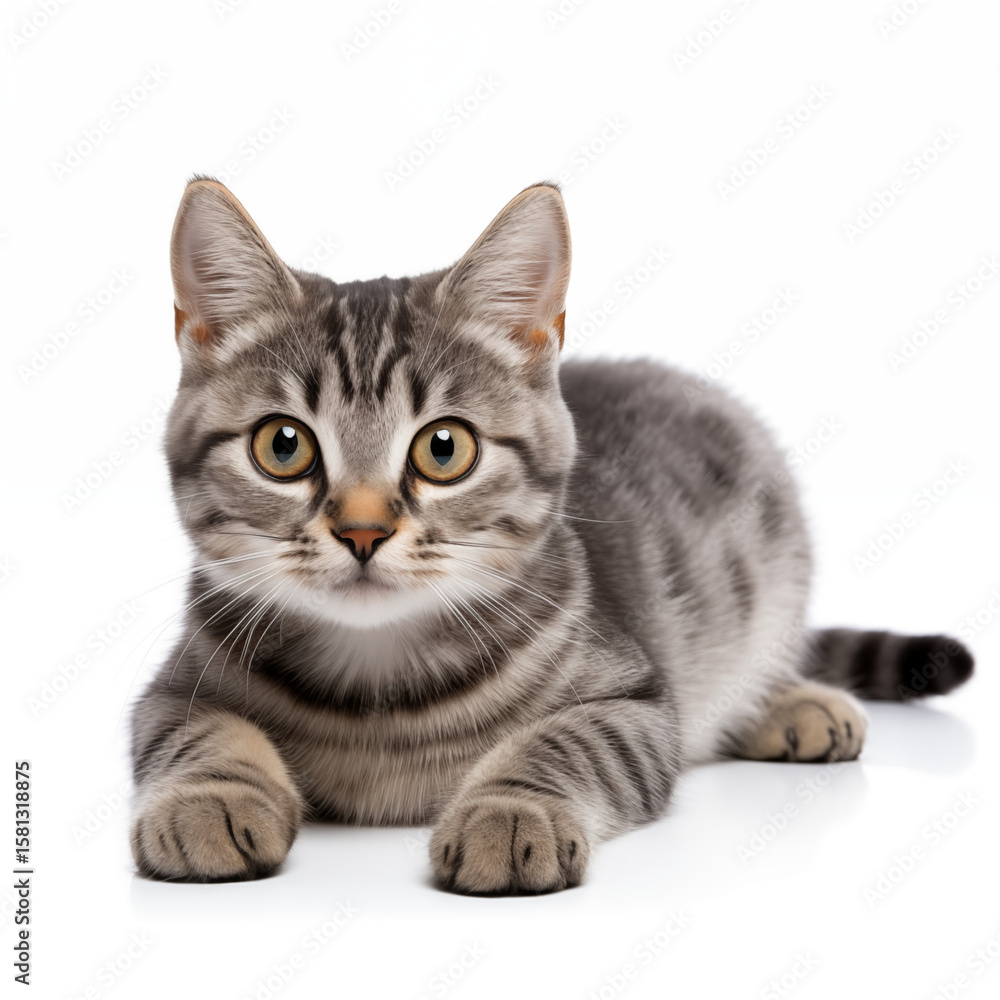 Obraz premium Gray tabby kitten lying down on white background