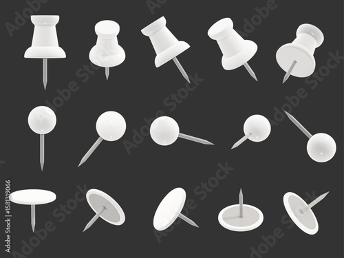 Set of realistic different white push pin shapes, isolated, in various angles. 3D vector illustration of round-head, flat-head, and classic office-style thumb tacks.